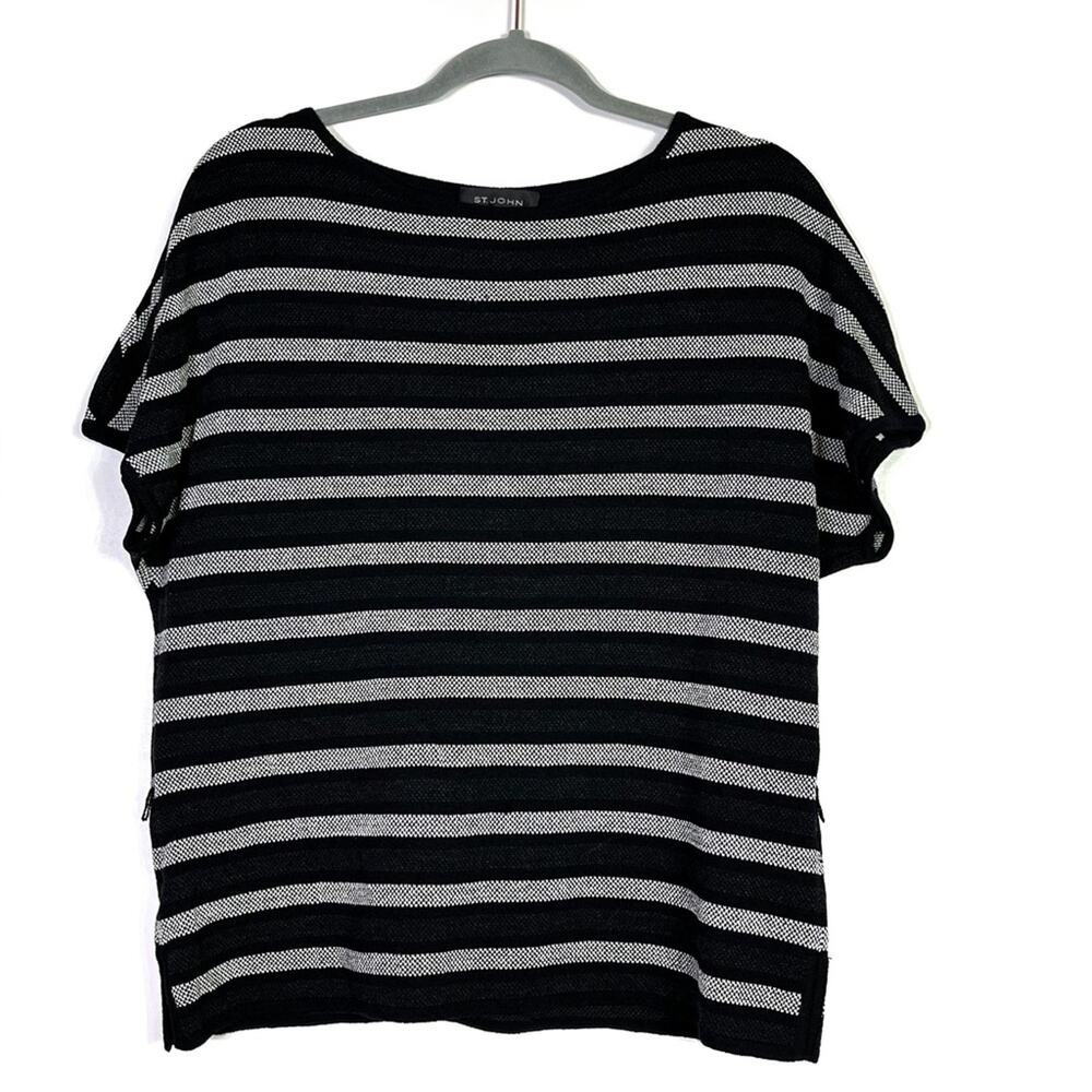 St. John Black Cream Striped Short Sleeve Wool Blend Sweater M EUC